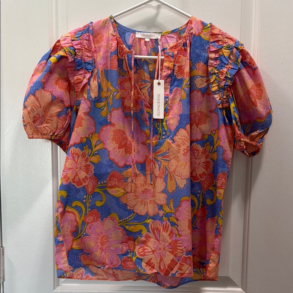 Olivaceous Pink and Blue Puff Sleeve Ruffled Blouse